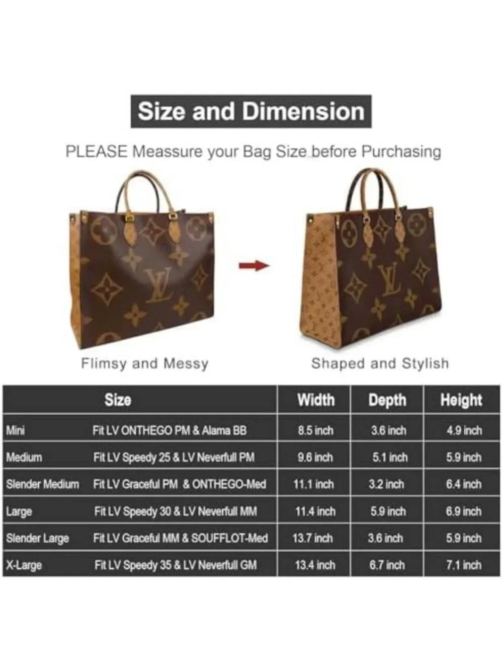 Purse Organizer Insert - Felt Tote Bag Divider with 5 Sizes for Handbag Storage